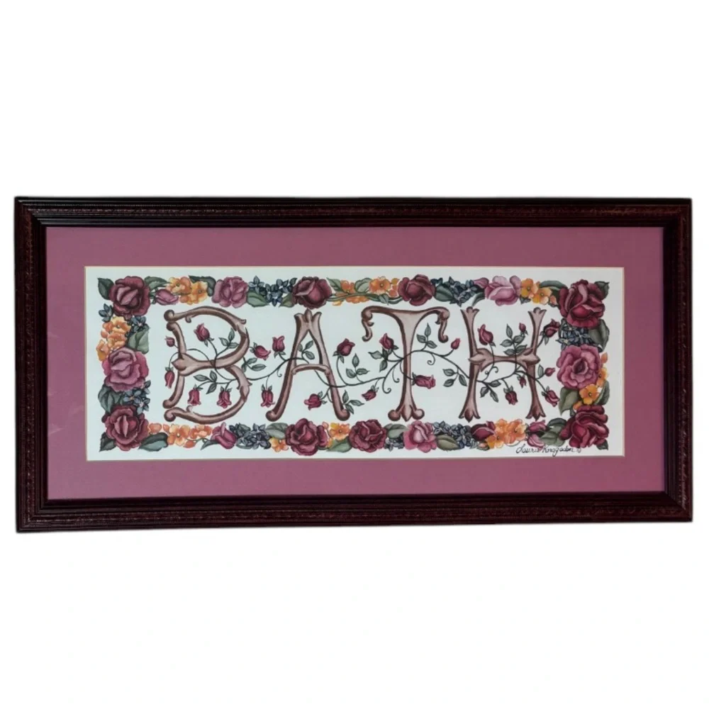 Vintage Picture Frame Bath Hand Painted Signed Art Wood Luxury Bathroom Wall Art